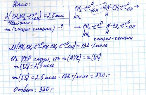 Масса дипептида полученного из аминоуксусной кислоты количеством 2.5 моль равна? с дано и решением