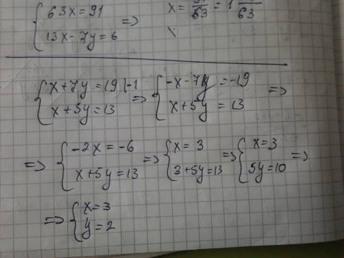 Найдите решиyние системы уравнений сложения {x+7y=19 {x+5y=13