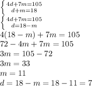 \left \{ {{4d+7m=105} \atop {d+m=18}} \right. \\ \left \{ {{4d+7m=105} \atop {d=18-m}} \right. \\ 4(18-m)+7m=105 \\ 72-4m+7m=105 \\ 3m=105-72 \\ 3m=33 \\ m=11 \\ d=18-m=18-11=7