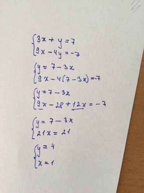 3х+у=7 ; 9х-4у=-7,решите систему уравнений