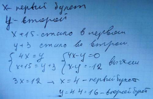 Впервом букете было в 4 раза меньше роз ,чем во втором .когда к первому букету добавили 15 роз ,а ко