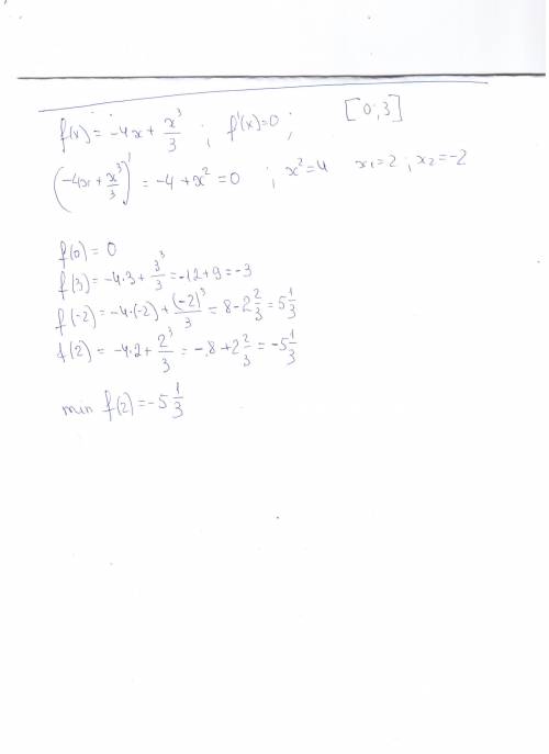 Найдите наименьшее значение функции f (x) = - 4x + x^3 / 3 на отрезке [0; 3] 1 2 а) 0; б) -3; в) - 5