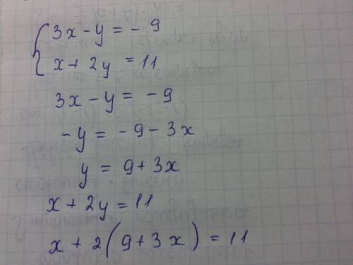 Решите систему уравнений: 3x-y=-9 { x+2y=11
