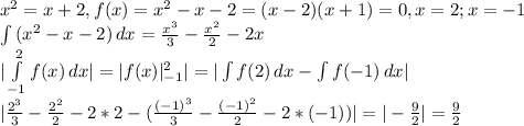 x^{2} =x+2, f(x)=x^2-x-2=(x-2)(x+1)=0, x=2; x=-1 \\ \int {( x^{2} - x -2 )} \, dx = \frac{x^{3}}{3} - \frac{ x^{2} }{2} -2x \\ 
| \int\limits^2_{-1} {f(x)} \, dx | = | f(x) |^2_{-1}| = |\int f(2) \, dx - \int f(-1) \, dx| \\
|\frac{2^{3}}{3} - \frac{ 2^{2} }{2} -2*2 - (\frac{{(-1)}^{3}}{3} - \frac{ {(-1)}^{2} }{2} -2*{(-1)})| =| - \frac{9}{2} |=\frac{9}{2}