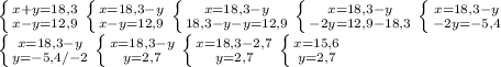 \left \{ {{x+y=18,3} \atop {x-y=12,9}} \right. 
\left \{ {{x=18,3-y} \atop {x-y=12,9}} \right.
\left \{ {{x=18,3-y} \atop {18,3-y-y=12,9}} \right. 
\left \{ {{x=18,3-y} \atop {-2y=12,9-18,3}} \right. 
\left \{ {{x=18,3-y} \atop {-2y=-5,4}} \right. 

\left \{ {{x=18,3-y} \atop {y=-5,4/-2}} \right. 
\left \{ {{x=18,3-y} \atop {y=2,7}} \right. 
\left \{ {{x=18,3-2,7} \atop {y=2,7}} \right. 
\left \{ {{x=15,6} \atop {y=2,7}} \right.