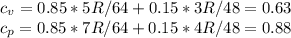 c_v = 0.85*5R/64+0.15*3R/48 = 0.63\\
c_p = 0.85*7R/64+0.15*4R/48 = 0.88
