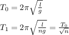 T_0=2\pi\sqrt{\frac{l}{g}}\\\\
T_1=2\pi\sqrt{\frac{l}{ng}}=\frac{T_0}{\sqrt{n}}