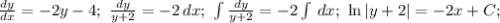 \frac{dy}{dx}=-2y-4;\ \frac{dy}{y+2}=-2\, dx;\ \int\frac{dy}{y+2}=-2\int\, dx;\ 
\ln|y+2| =-2x+C;\