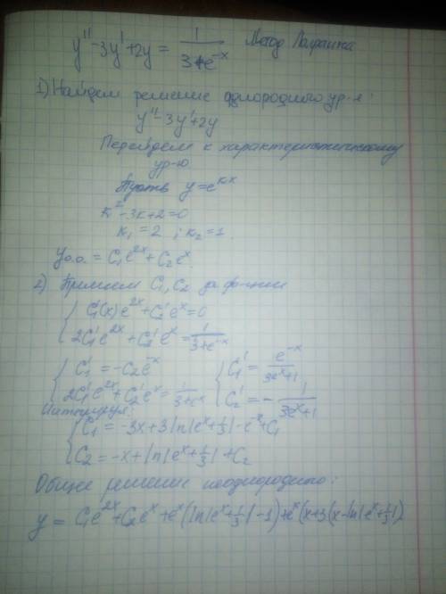 Найти общее решение дифференциального уравнения: y''-3y'+2y=1/(3+e^(-x))
