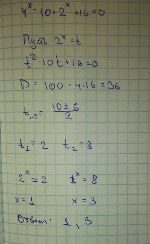 Решите уравнение 4^x-10*2^x+16=0 10-11 класс