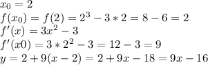x_0=2
\\f(x_0)=f(2)=2^3-3*2=8-6=2
\\f'(x)=3x^2-3
\\f'(x0)=3*2^2-3=12-3=9
\\y=2+9(x-2)=2+9x-18=9x-16