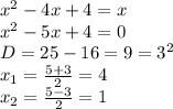 x^2-4x+4=x
\\x^2-5x+4=0
\\D= 25-16=9=3^2
\\x_1= \frac{5+3}{2}=4
\\x_2= \frac{5-3}{2}=1