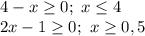 4-x \geq 0;\ x \leq 4
\\2x-1 \geq 0;\ x \geq 0,5