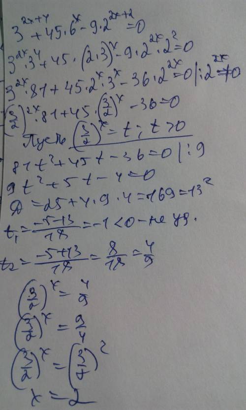 Как решить уравнение? 3^(2х+4) +45×6^х -9×2^(2х+2)=0