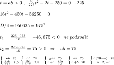 t=ab\ \textgreater \ 0\; ,\; \; \frac{16}{225}t^2-2t-250=0\; |\cdot 225 \\\\16t^2-450t-56250=0\\\\D/4=950625=975^2\\\\t_1= \frac{225-975}{16} =-46,875\ \textless \ 0\; \; \; ne\; podxodit\\\\t_2= \frac{225+975}{16}=75\ \textgreater \ 0 \; \; \Rightarrow \; \; \; ab=75\\\\ \left \{ {{ab=75} \atop {\frac{2ab}{a+b}=7,5}} \right. \left \{ {{ab=75} \atop {\frac{150}{a+b}=7,5}} \right. \; \; \left \{ {{yab=75} \atop {a+b=\frac{150}{7,5}}} \right. \; \; \left \{ {{ab=75} \atop {a+b=20}} \right. \; \; \left \{ {{a(20-a)=75} \atop {b=20-a}} \right.