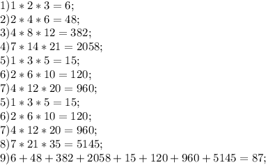 1)1*2*3=6;\\
2)2*4*6=48;\\
3)4*8*12=382;\\
4)7*14*21=2058;\\ 
5)1*3*5=15; \\
6)2*6*10=120;\\
7)4*12*20=960;\\
5)1*3*5=15; \\
6)2*6*10=120;\\
7)4*12*20=960;\\ 8)7*21*35=5145;\\ 9)6+48+382+2058+15+120+960+5145=87;

