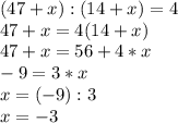 (47+x):(14+x)=4\\
47+x=4(14+x)\\
47+x=56+4*x\\
-9=3*x\\
x=(-9):3\\
x=-3