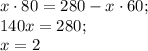 x\cdot 80=280-x\cdot 60;\\ 140x=280;\\
x=2
