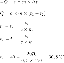 \displaystyle -Q=c\times m\times\Delta t\\ \\
Q=c\times m\times (t_1-t_2)\\ \\
t_1-t_2=\frac{Q}{c\times m}\\ \\
t_2=t_1-\frac{Q}{c\times m}\\ \\ \\
t_2=40-\frac{2070}{0,5\times 450}=30,8^\circ C