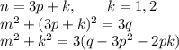 n = 3p+k,\qquad k=1,2\\
m^2+(3p+k)^2 = 3q\\
m^2+k^2 = 3(q-3p^2-2pk)