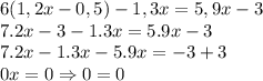 6(1,2x-0,5)-1,3x = 5,9x-3\\
7.2x-3-1.3x=5.9x-3\\
7.2x-1.3x-5.9x=-3+3\\
0x=0 \Rightarrow 0 = 0
