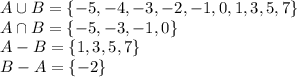 A\cup B=\{-5,-4,-3,-2,-1,0,1,3,5,7\}\\
A\cap B=\{-5,-3,-1,0\}\\
A-B=\{1,3,5,7\}\\
B-A=\{-2\}