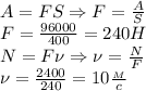 A=FS\Rightarrow F= \frac{A}{S}\\
F= \frac{96000}{400}=240H\\
N=F\nu\Rightarrow \nu= \frac{N}{F}\\
\nu= \frac{2400}{240}=10 \frac{_M}{c}