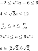 -2 \leq \sqrt{2}a-6 \leq 6\\\\
4 \leq \sqrt{2}a \leq 12\\\\
\frac{4}{\sqrt{2}} \leq a \leq \frac{12}{\sqrt{2}}\\\\
2\sqrt{2} \leq a \leq 6\sqrt{2}\\\\
a \in [2\sqrt{2}; 6\sqrt{2}]