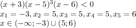 (x+3)(x-5)^3(x-6) \ \textless \ 0\\
x_1=-3,x_2=5,x_3=5,x_4=5,x_5=6\\
x \in (-\infty;-3)\cup(5;6)\\