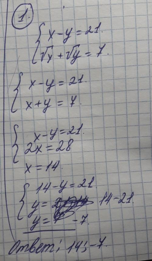 Решите систему: x-y=21 √x+√y=7 решите систему: x-y=8 √x-√y=8 решите систему: x^2+y^2=97 √xy=6 решите