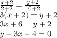 \frac{x+2}{2+2} = \frac{y+2}{10+2} \\
3(x+2)=y+2\\
3x+6=y+2\\
y-3x-4=0