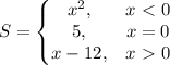 \displaystyle S= \left\{\begin{matrix}
x^2, & x\ \textless \ 0\\ 5, & x=0\\ x-12, & x\ \textgreater \ 0 
\end{matrix}\right.