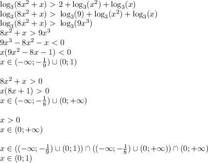 \log_3(8x^2+x) \ \textgreater \ 2 + \log_3(x^2) + \log_3(x)\\
\log_3(8x^2+x) \ \textgreater \ \log_3(9) + \log_3(x^2) + \log_3(x)\\
\log_3(8x^2+x) \ \textgreater \ \log_3(9x^3) \\
8x^2+x \ \textgreater \ 9x^3\\
9x^3-8x^2-x\ \textless \ 0\\
x(9x^2-8x-1) \ \textless \ 0\\
x \in (-\infty; -\frac{1}{9}) \cup (0;1)\\\\
8x^2+x \ \textgreater \ 0\\
x(8x+1) \ \textgreater \ 0\\
x \in (-\infty; -\frac{1}{8}) \cup (0; +\infty)\\\\
x \ \textgreater \ 0\\
x \in (0; +\infty)\\\\
x \in ((-\infty; -\frac{1}{9}) \cup (0;1)) \cap ((-\infty; -\frac{1}{8}) \cup (0; +\infty)) \cap (0; +\infty)\\
x \in (0;1)