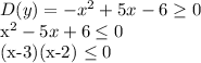 D(y)=-x^2+5x-6 \geq 0

x^2-5x+6 \leq 0

(x-3)(x-2) \leq 0


