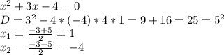 x^2+3x-4=0
\\D=3^2-4*(-4)*4*1=9+16=25=5^2
\\x_1= \frac{-3+5}{2} =1
\\x_2= \frac{-3-5}{2} =-4