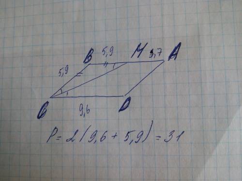 Abcd параллеоограмм, cm биссектриса, ам=3,7,mb=5.9 найти периметр abcd. с рисунком если можно