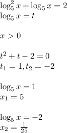\log^2_5x + \log_5x = 2\\ \log_5x = t\\\\
x \ \textgreater \ 0\\\\
t^2+t-2=0\\ t_1 = 1, t_2 = -2\\\\ \log_5x=1\\ x_1 = 5\\\\ \log_5x = -2\\ x_2 = \frac{1}{25}\\