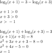 \log_2(x+1) = 3 - \log_2(x+3)\\\\
x + 1 \ \textgreater \ 0\\
x+3 \ \textgreater \ 0\\
x \ \textgreater \ -1\\\\
\log_2(x+1) +\log_2(x+3)=3\\ (x+1)(x+3) = 8\\ x^2 + 3x + x + 3-8=0\\ x^2+4x-5=0\\ x=1\\