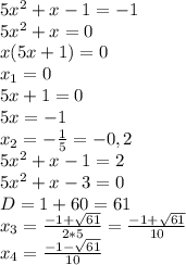 5x^2+x-1=-1
\\5x^2+x=0
\\x(5x+1)=0
\\x_1=0
\\5x+1=0
\\5x=-1
\\x_2=- \frac{1}{5} =-0,2
\\5x^2+x-1=2
\\5x^2+x-3=0
\\D=1+60=61
\\ x_3=\frac{-1+\sqrt{61}}{2*5} = \frac{-1+\sqrt{61}}{10} 
\\ x_4=\frac{-1-\sqrt{61}}{10}