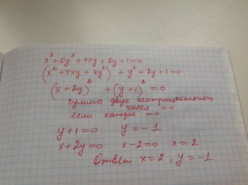 Найдите х и у удовлетворяющие равенству х²+5у²+4ху+2у+1=0
