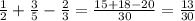 \frac{1}{2} + \frac{3}{5} - \frac{2}{3} = \frac{15+18-20}{30} = \frac{13}{30} 

