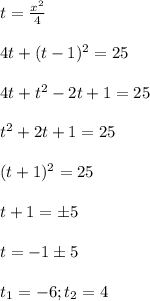 t=\frac{x^2}{4} \\ \\ 
4t +(t -1)^2=25 \\ \\ 
4t +t^2-2t+1=25 \\ \\ 
t^2+2t+1=25 \\ \\ 
(t +1)^2=25 \\ \\ 
t+1=б5 \\ \\ 
t=-1б5 \\ \\ 
t_1=-6;t_2=4 \\ \\ 
