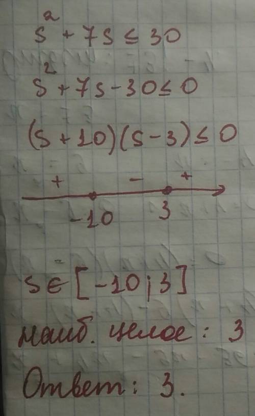 Cрочно надо! найди наибольшее целочисленное решение неравенства s2+7s≤30