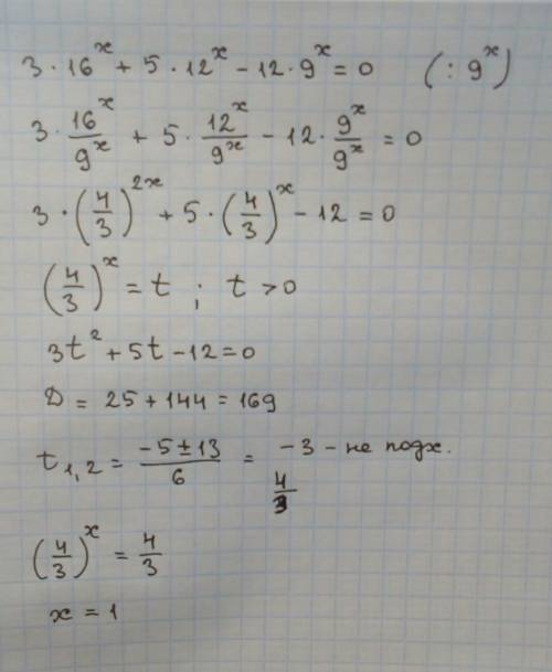 Решите показательное уравнение. 3*16^ x+5*12^x-12*9^x=0
