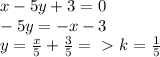 x-5y+3=0\\
-5y=-x-3\\
y= \frac{x}{5} + \frac{3}{5} =\ \textgreater \ k= \frac{1}{5}