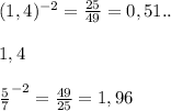 (1,4)^{-2} = \frac{25}{49} = 0,51.. \\ \\
1,4 \\\\
\frac{5}{7}^{-2} = \frac{49}{25} = 1,96\\




