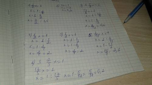 33 б, решите уравнение. 1) 2/7х=1_2) 9х=1_3) 1 5/8х=1_4) 1/2х=1_5) 1/2х=1_5) 7/15х=1 6) 3 2/5=1