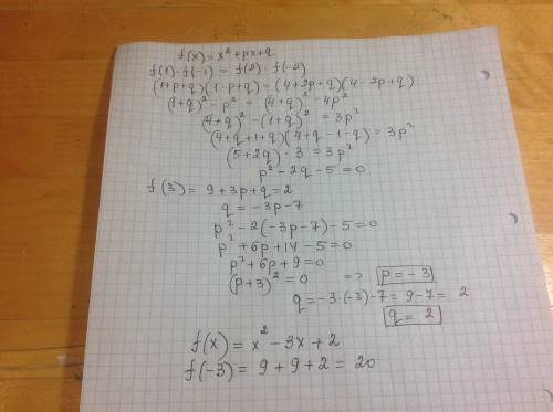 Про квадратный трехчлен f(x)=x^2+px+q известно, что f(1)f(-1)=f()2f(-2), а f(3)=2. найдите f(-3)