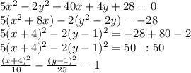 5x^{2}-2y^{2} +40x+4y+28=0\\5(x^2+8x)-2(y^2-2y)=-28\\
5(x+4)^2 -2(y-1)^2=-28+80-2\\5(x+4)^2-2(y-1)^2=50\ |:50\\ \frac{(x+4)^2}{10}- \frac{(y-1)^2}{25}=1