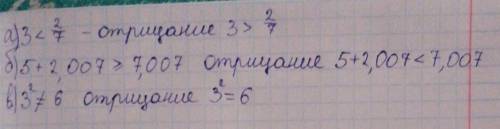 Запиши предложение на языке и построй их отрицания: а) число 3 меньше 2\7 б)сумма 5+2,007 больше ил